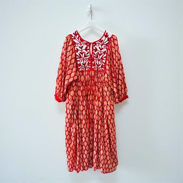 刺繍コットン・エスニックフラワーワンピース  インド綿