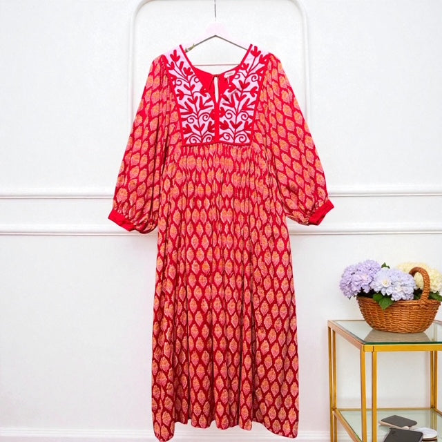 刺繍コットン・エスニックフラワーワンピース  インド綿