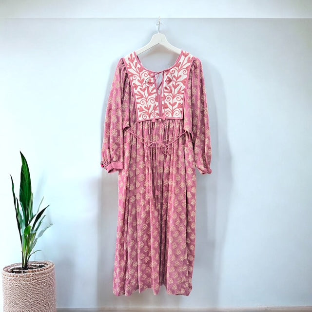 刺繍コットン・エスニックフラワーワンピース  インド綿