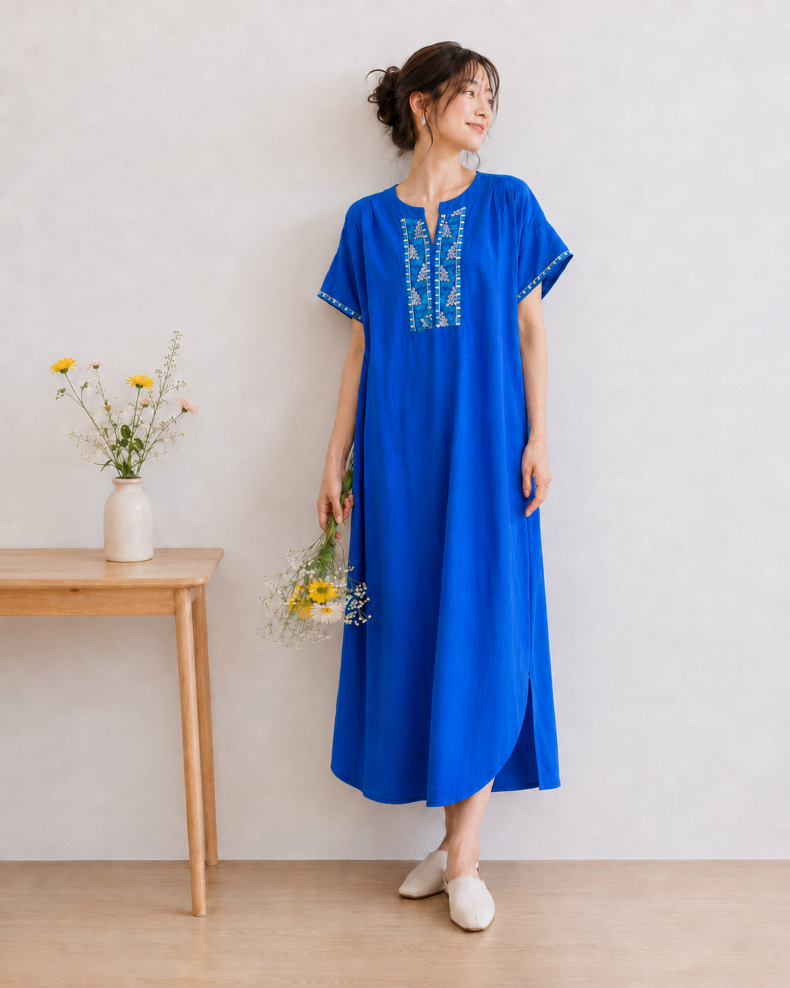 刺繍 コットンワンピース｜インド綿 ロング ゆったり 半袖 リラックスワンピース