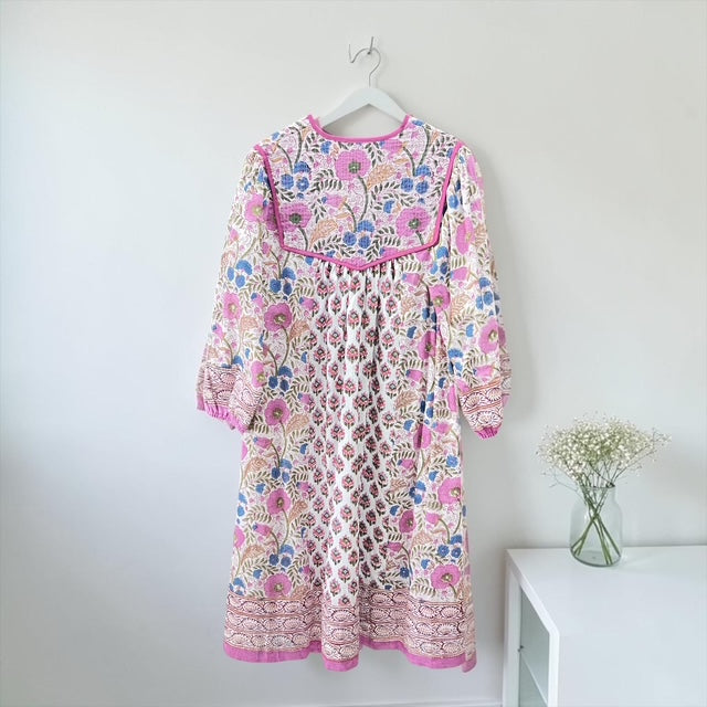 インド綿 ブロックプリント胸ステッチワンピース （2種類）