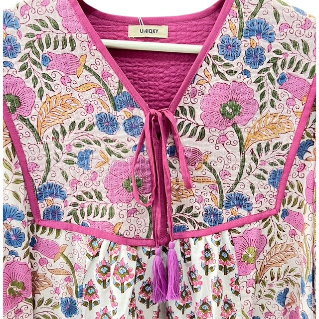 インド綿 ブロックプリント胸ステッチワンピース （2種類）