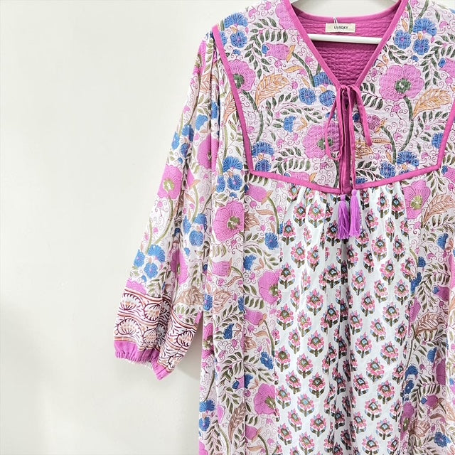 インド綿 ブロックプリント胸ステッチワンピース （2種類）