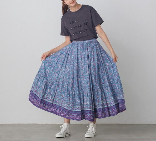 レーヨンフレックススラブ プリント ギャザースカート  インド製