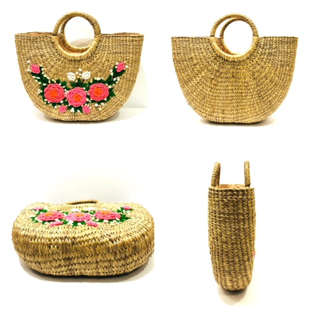 ナチュラルフラワー刺繍カゴバッグ
