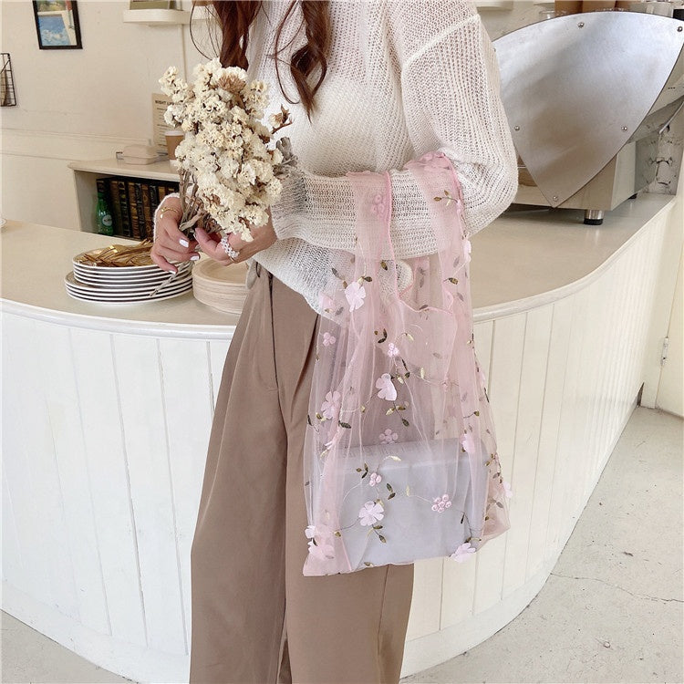 おしゃれな刺繍フラワーチュールバッグのエコバッグ — UNIQKY