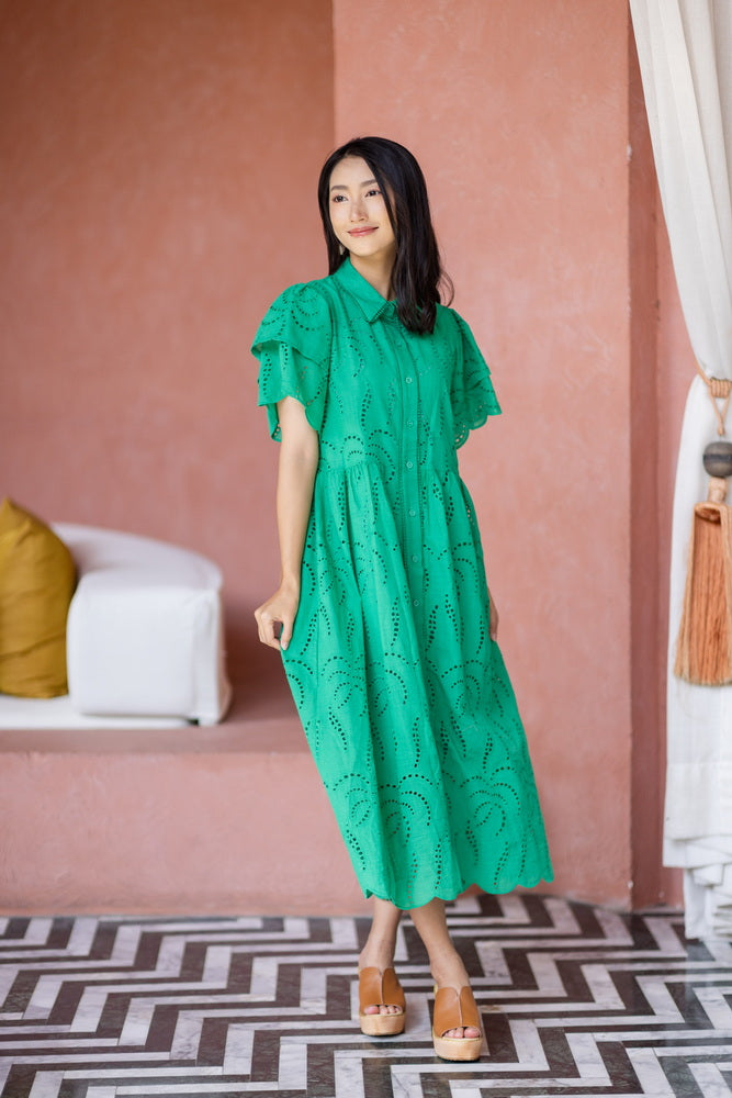 コットンレース　フロントボタンワンピース/ レースワンピース / レースワンピース/ロングワンピース /レース ロングワンピース/ 4色