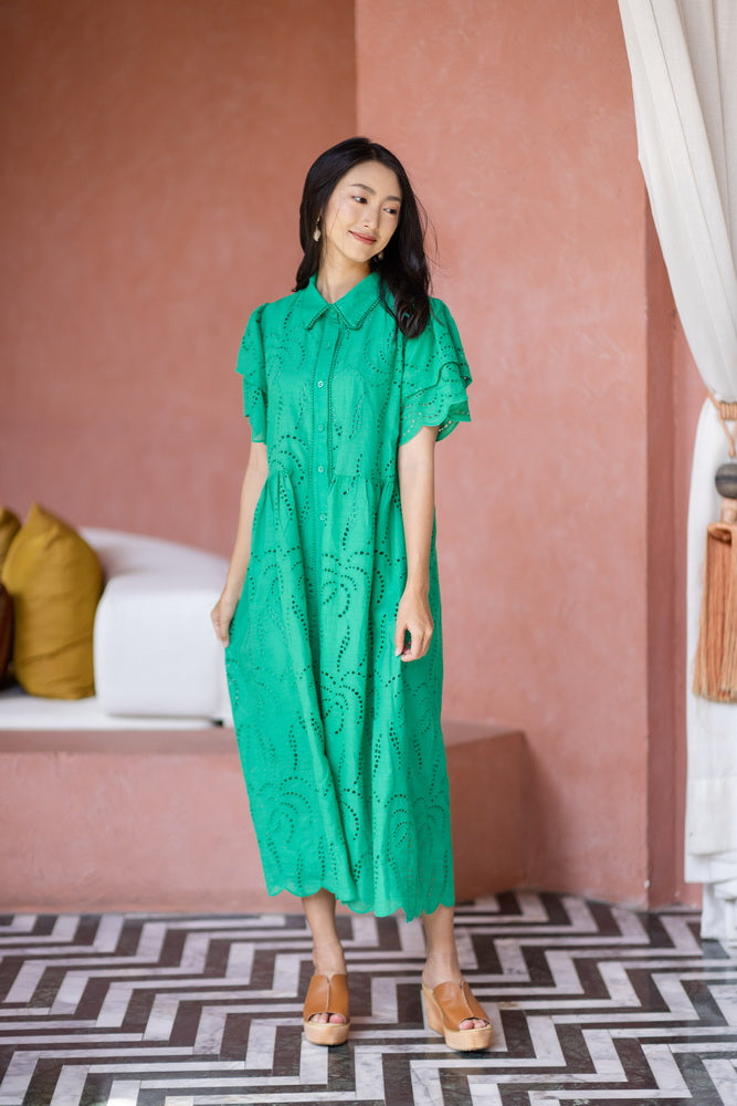 コットンレース　フロントボタンワンピース/ レースワンピース / レースワンピース/ロングワンピース /レース ロングワンピース/ 4色
