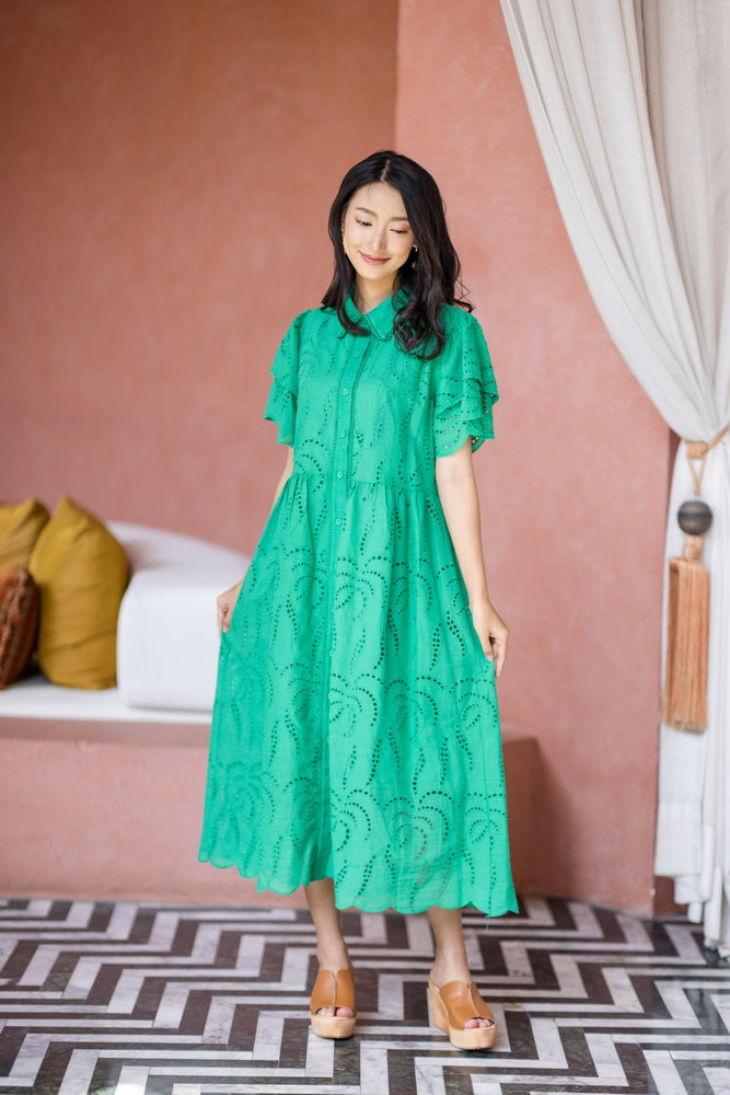 コットンレース　フロントボタンワンピース/ レースワンピース / レースワンピース/ロングワンピース /レース ロングワンピース/ 4色