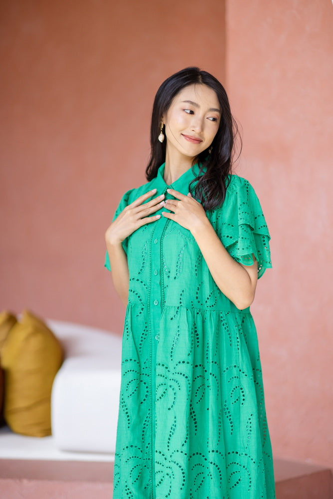 コットンレース　フロントボタンワンピース/ レースワンピース / レースワンピース/ロングワンピース /レース ロングワンピース/ 4色