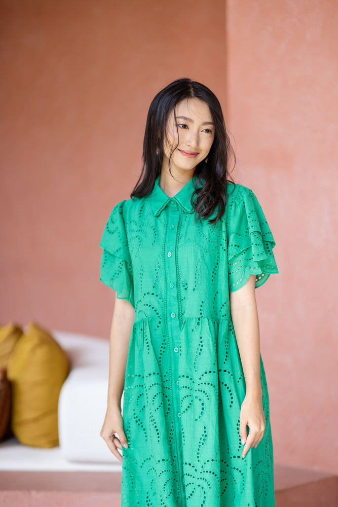 コットンレース　フロントボタンワンピース/ レースワンピース / レースワンピース/ロングワンピース /レース ロングワンピース/ 4色