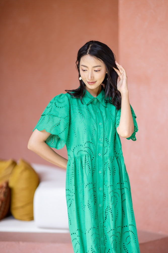 コットンレース　フロントボタンワンピース/ レースワンピース / レースワンピース/ロングワンピース /レース ロングワンピース/ 4色