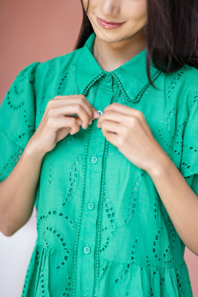 コットンレース　フロントボタンワンピース/ レースワンピース / レースワンピース/ロングワンピース /レース ロングワンピース/ 4色