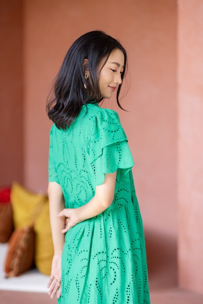 コットンレース　フロントボタンワンピース/ レースワンピース / レースワンピース/ロングワンピース /レース ロングワンピース/ 4色