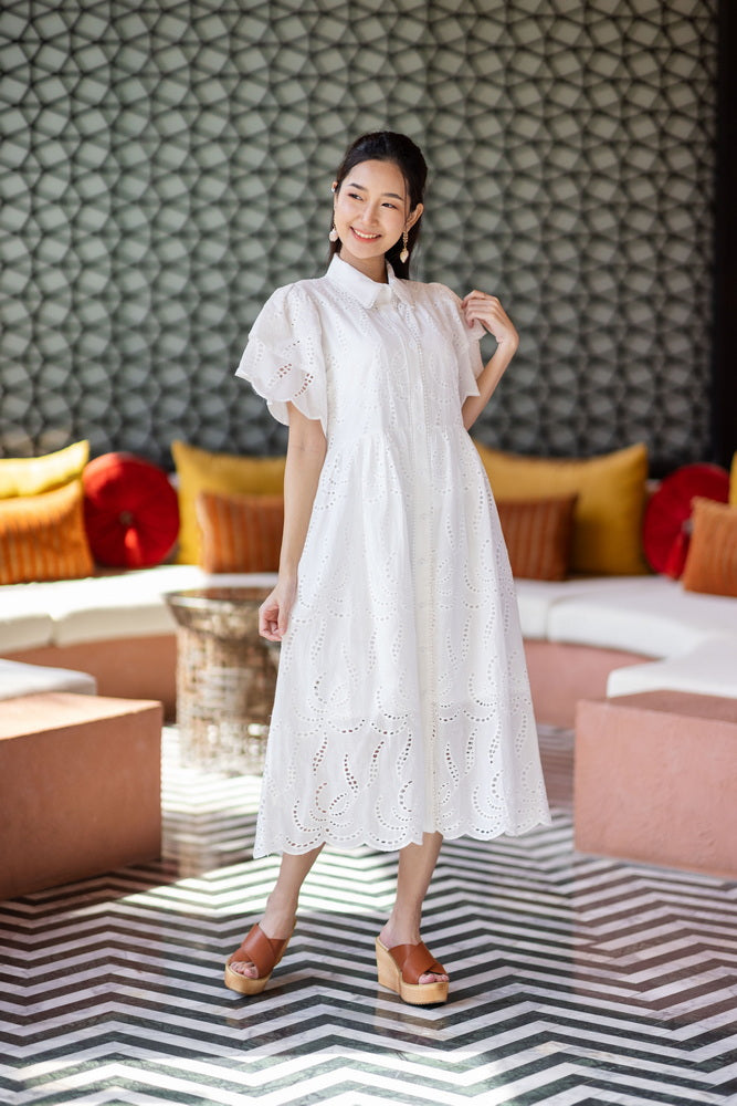 コットンレース　フロントボタンワンピース/ レースワンピース / レースワンピース/ロングワンピース /レース ロングワンピース/ 4色