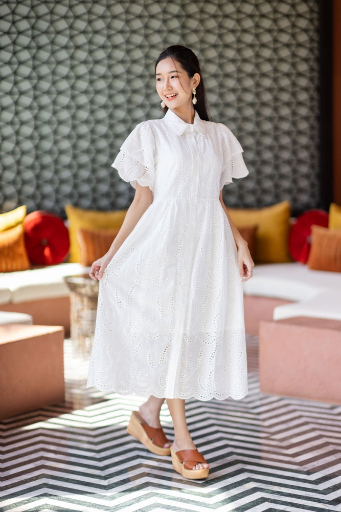 コットンレース　フロントボタンワンピース/ レースワンピース / レースワンピース/ロングワンピース /レース ロングワンピース/ 4色