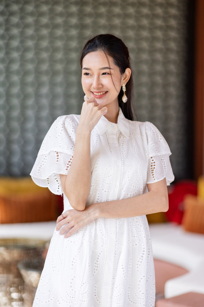 コットンレース　フロントボタンワンピース/ レースワンピース / レースワンピース/ロングワンピース /レース ロングワンピース/ 4色