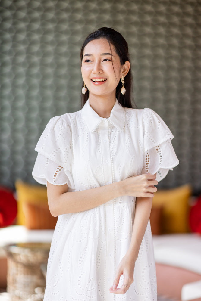 コットンレース　フロントボタンワンピース/ レースワンピース / レースワンピース/ロングワンピース /レース ロングワンピース/ 4色