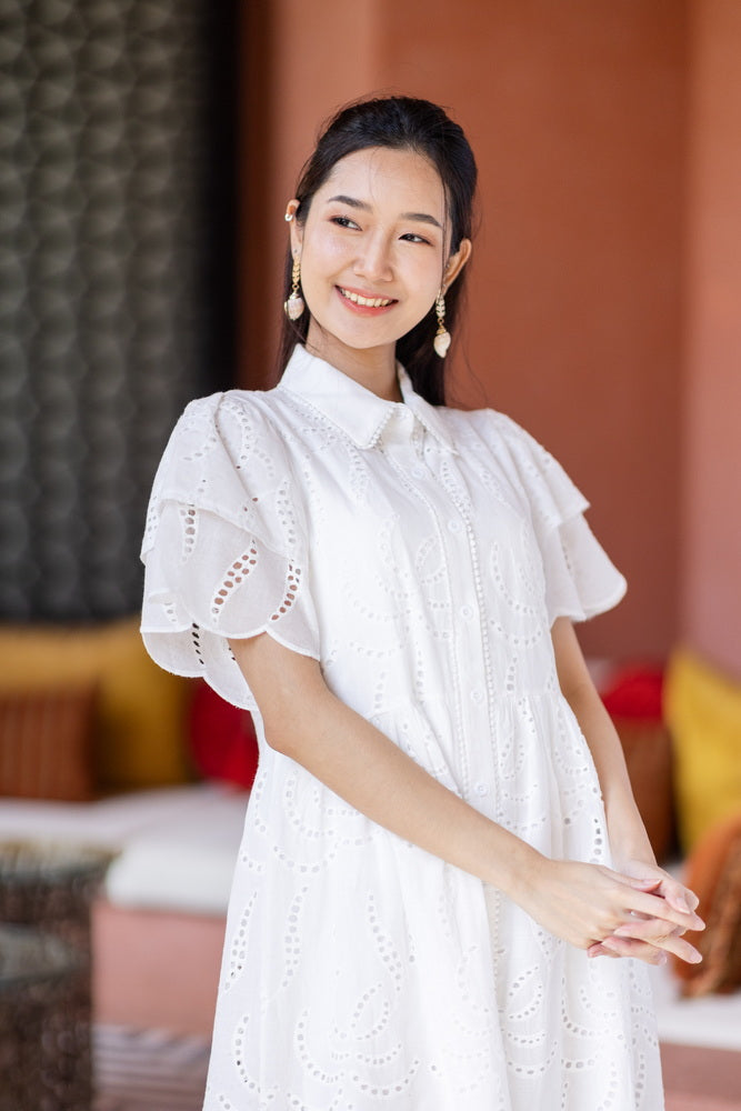 コットンレース　フロントボタンワンピース/ レースワンピース / レースワンピース/ロングワンピース /レース ロングワンピース/ 4色