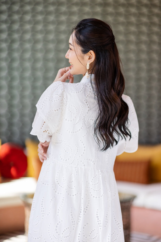 コットンレース　フロントボタンワンピース/ レースワンピース / レースワンピース/ロングワンピース /レース ロングワンピース/ 4色