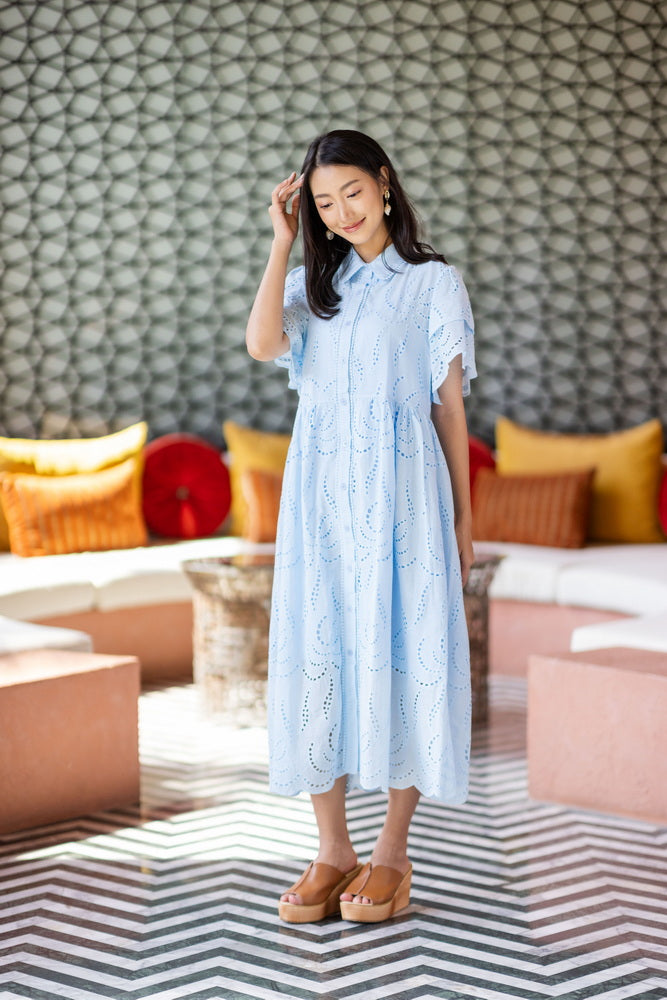 コットンレース　フロントボタンワンピース/ レースワンピース / レースワンピース/ロングワンピース /レース ロングワンピース/２色