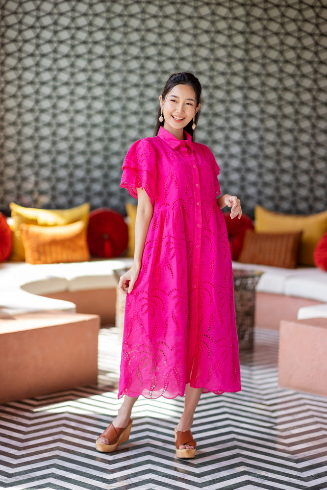 コットンレース　フロントボタンワンピース/ レースワンピース / レースワンピース/ロングワンピース /レース ロングワンピース/２色