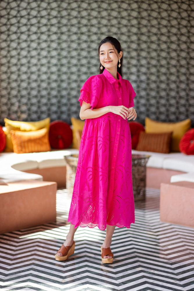 コットンレース　フロントボタンワンピース/ レースワンピース / レースワンピース/ロングワンピース /レース ロングワンピース/２色