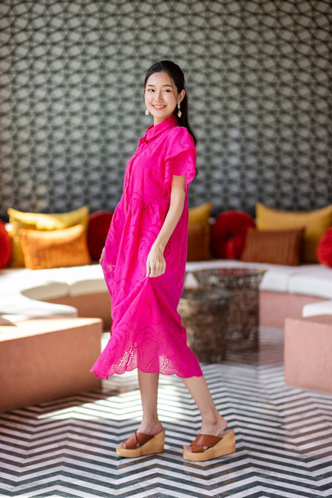 コットンレース　フロントボタンワンピース/ レースワンピース / レースワンピース/ロングワンピース /レース ロングワンピース/２色