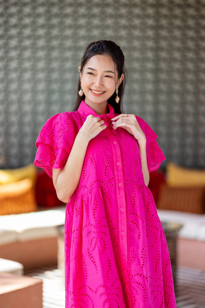 コットンレース　フロントボタンワンピース/ レースワンピース / レースワンピース/ロングワンピース /レース ロングワンピース/２色