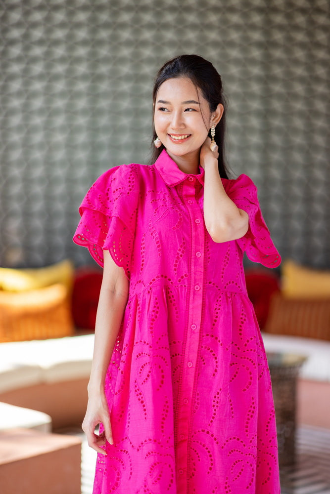 コットンレース　フロントボタンワンピース/ レースワンピース / レースワンピース/ロングワンピース /レース ロングワンピース/２色