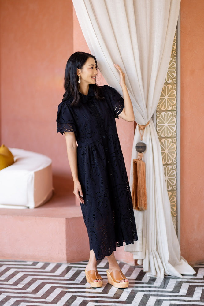 コットンレース　フロントボタンワンピース/ レースワンピース / レースワンピース/ロングワンピース /レース ロングワンピース/ 4色