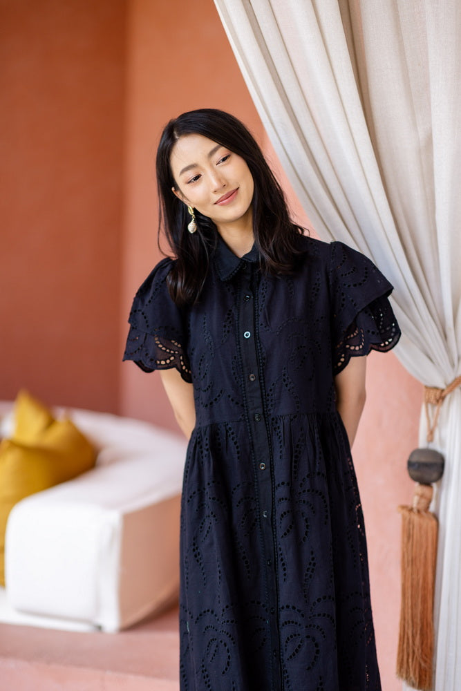 コットンレース　フロントボタンワンピース/ レースワンピース / レースワンピース/ロングワンピース /レース ロングワンピース/ 4色