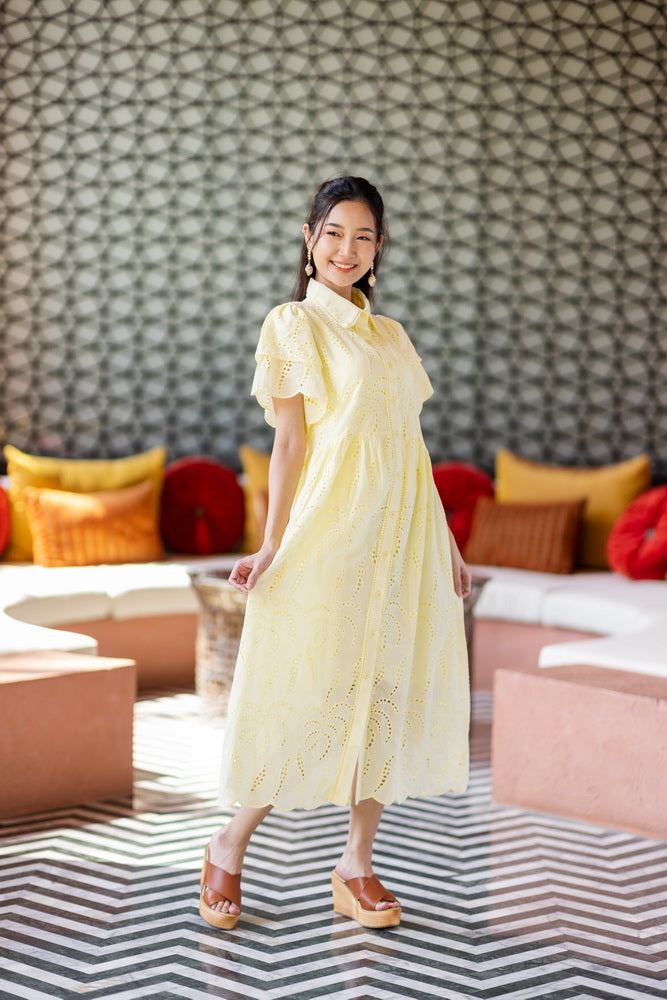 コットンレース　フロントボタンワンピース/ レースワンピース / レースワンピース/ロングワンピース /レース ロングワンピース/ 4色