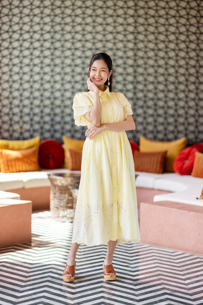 コットンレース　フロントボタンワンピース/ レースワンピース / レースワンピース/ロングワンピース /レース ロングワンピース/ 4色