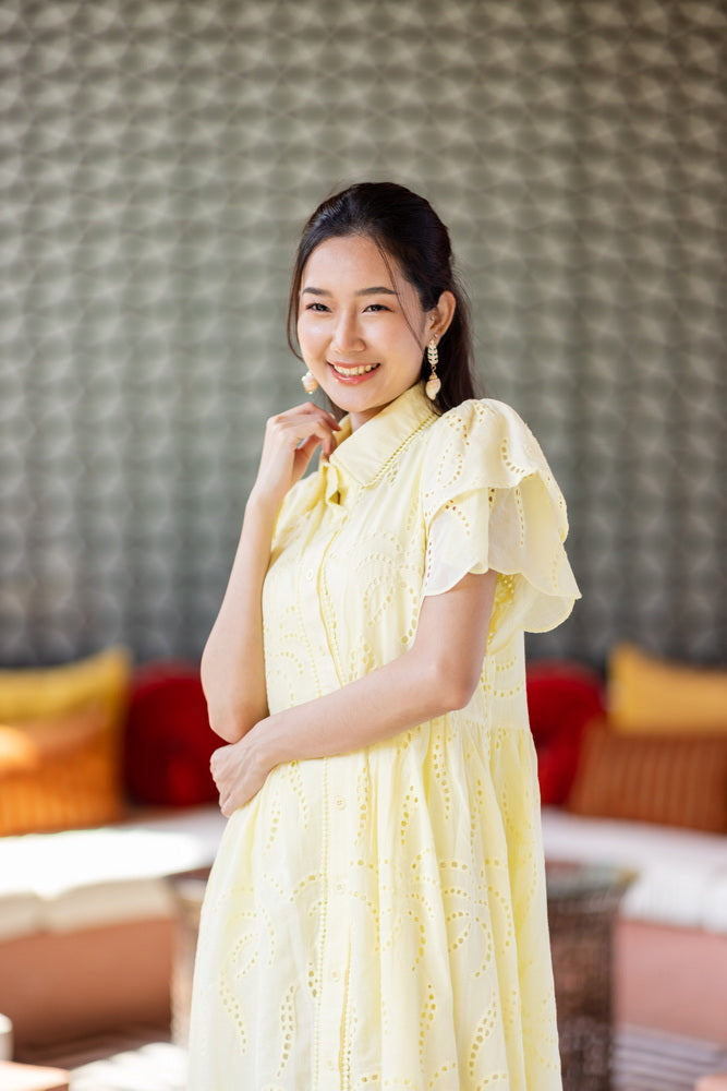 コットンレース　フロントボタンワンピース/ レースワンピース / レースワンピース/ロングワンピース /レース ロングワンピース/ 4色