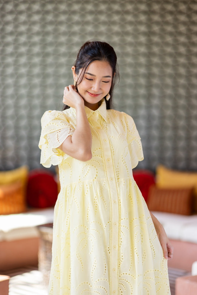 コットンレース　フロントボタンワンピース/ レースワンピース / レースワンピース/ロングワンピース /レース ロングワンピース/ 4色