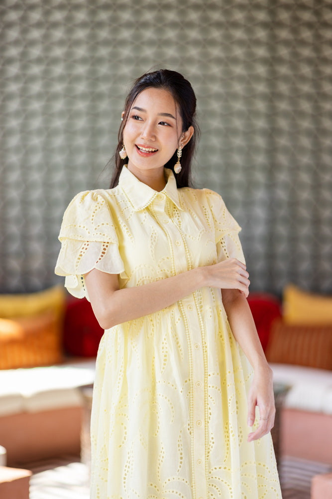 コットンレース　フロントボタンワンピース/ レースワンピース / レースワンピース/ロングワンピース /レース ロングワンピース/ 4色